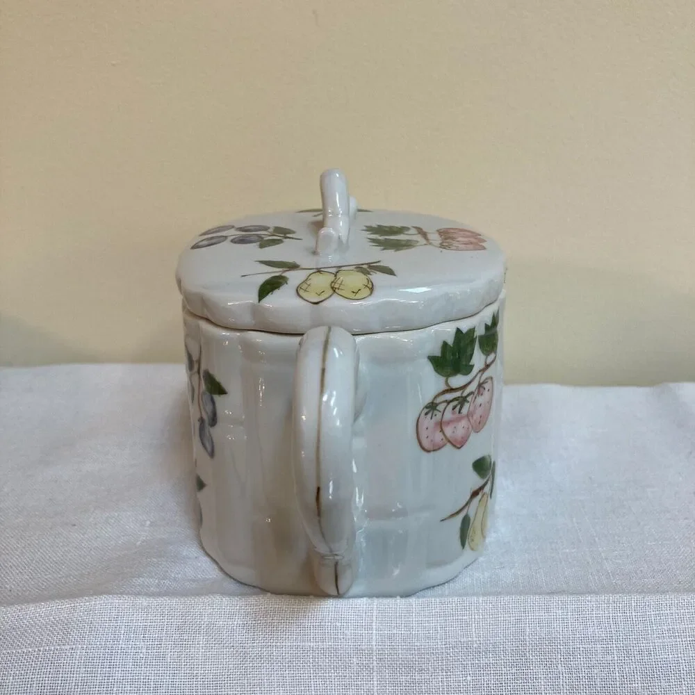 Vintage 90s Tea Pot with Painted Fruit and Berries with Elephant Trunk Spout EUC
